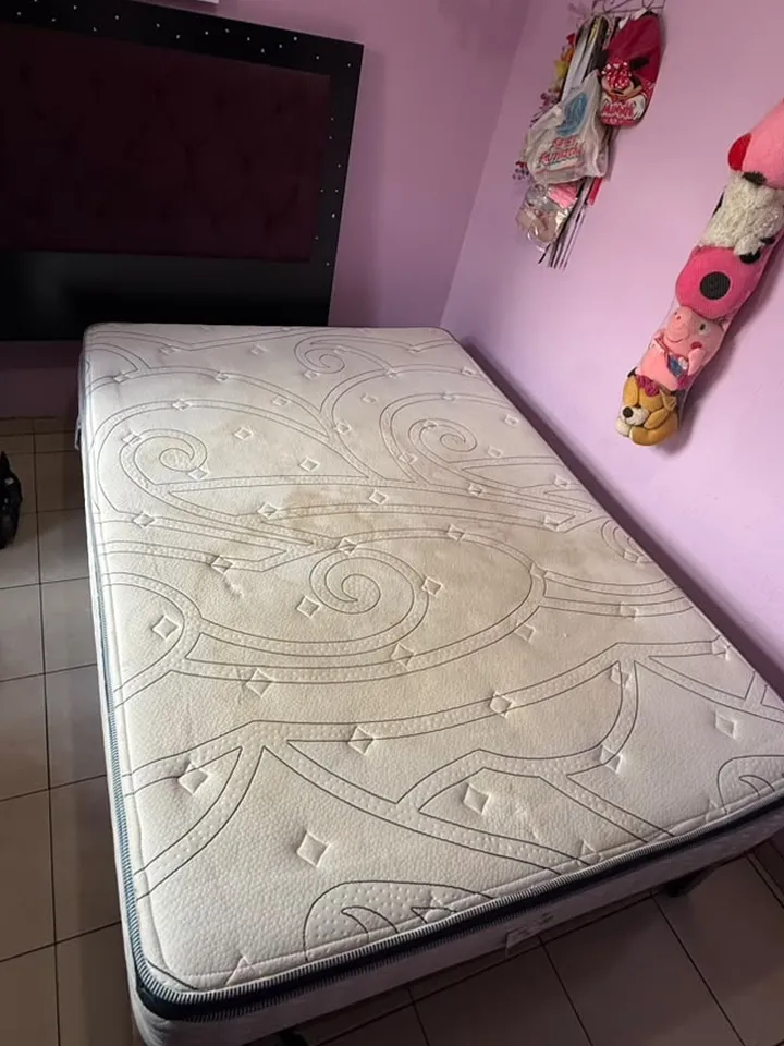 El mismo colchón antes del lavado, con suciedad y manchas